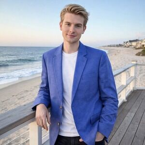 Chaps Blazer Men 46R Blue Linen Blend Two Button Paisley Preppy Coastal Heritage